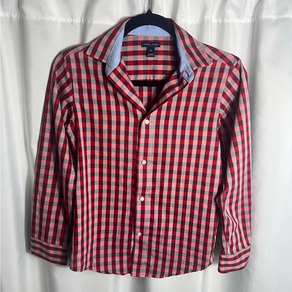 Tommy Hilfiger Boys Button Down Red Plaid Collar Long Sleeve Top Size 12